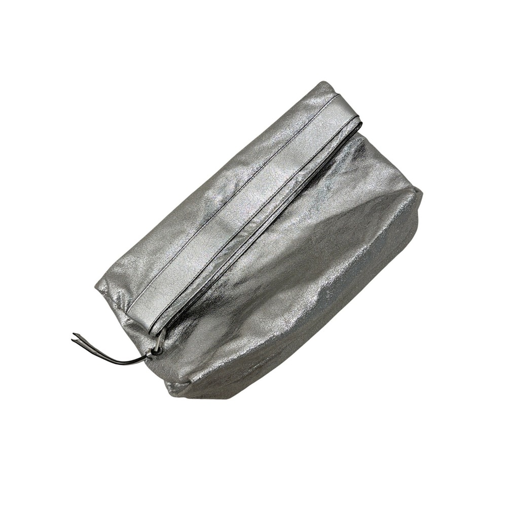 Zara Silver Metallic Oversized Clutch Bag Faux Leather Zip Top Pouch